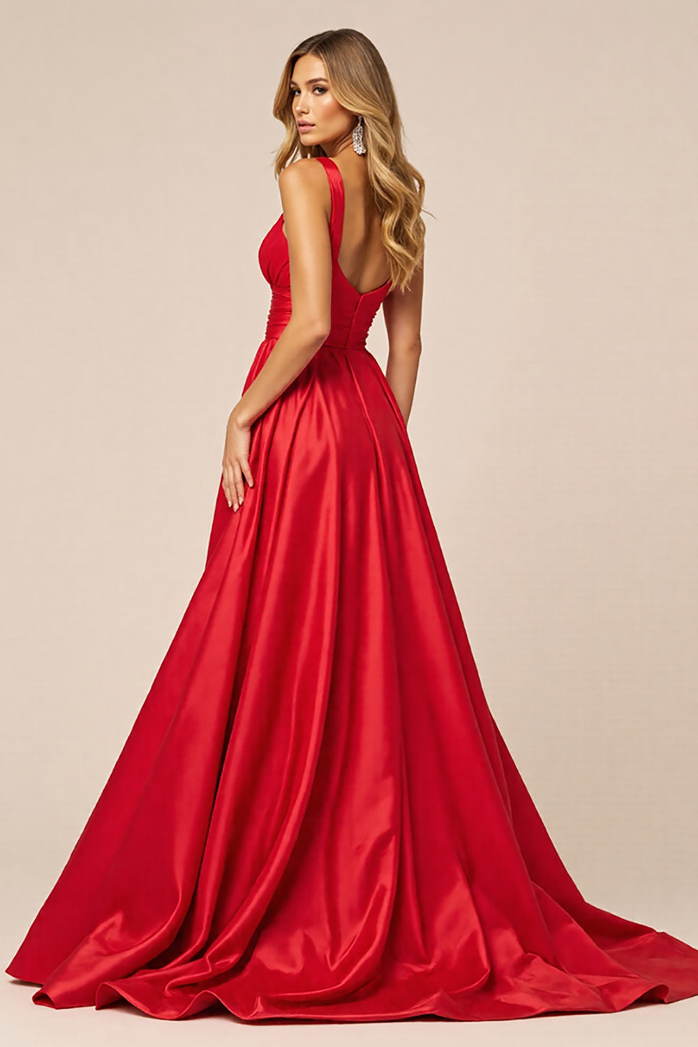 Red Satin A Line V-Neck Long Formal Dress with Slit
