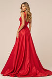 Red Satin A Line V-Neck Long Formal Dress with Slit