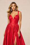 Red Satin A Line V-Neck Long Formal Dress with Slit