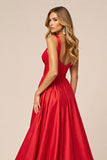 Red Satin A Line V-Neck Long Formal Dress with Slit
