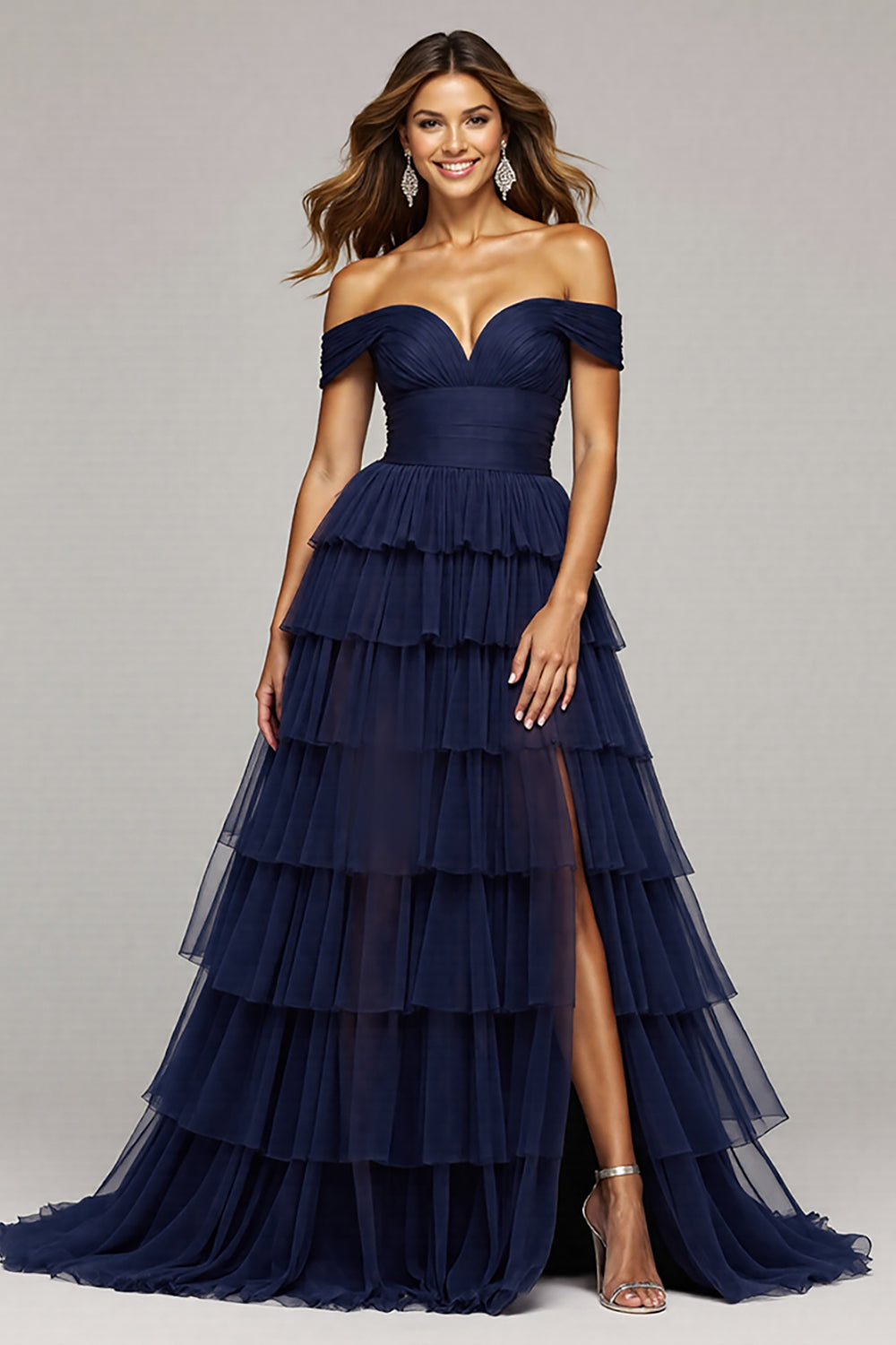Navy Tulle Ball Gown Ruffled Off the Shoulder Long Formal Dress with Slit