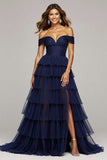 Navy Tulle Ball Gown Ruffled Off the Shoulder Long Formal Dress with Slit