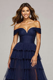 Navy Tulle Ball Gown Ruffled Off the Shoulder Long Formal Dress with Slit