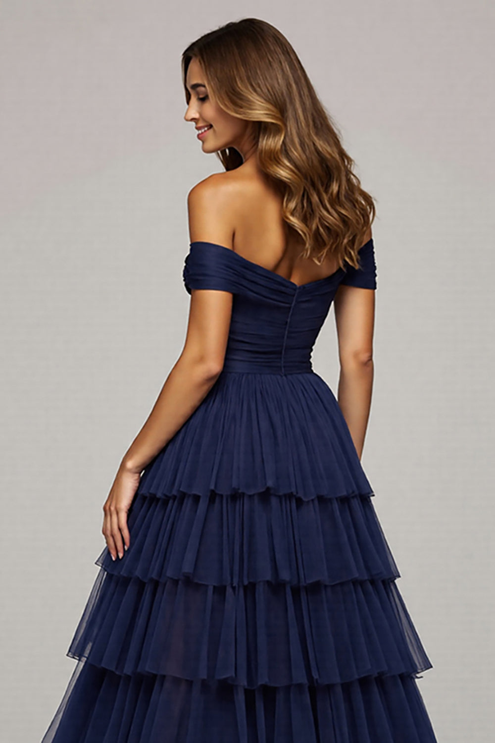 Navy Tulle Ball Gown Ruffled Off the Shoulder Long Formal Dress with Slit