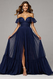 Navy A Line Pleated Off the Shoulder Long Formal Dress with Slit