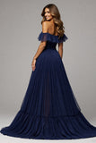 Navy A Line Pleated Off the Shoulder Long Formal Dress with Slit