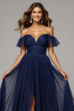 Navy A Line Pleated Off the Shoulder Long Formal Dress with Slit