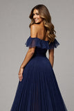 Navy A Line Pleated Off the Shoulder Long Formal Dress with Slit