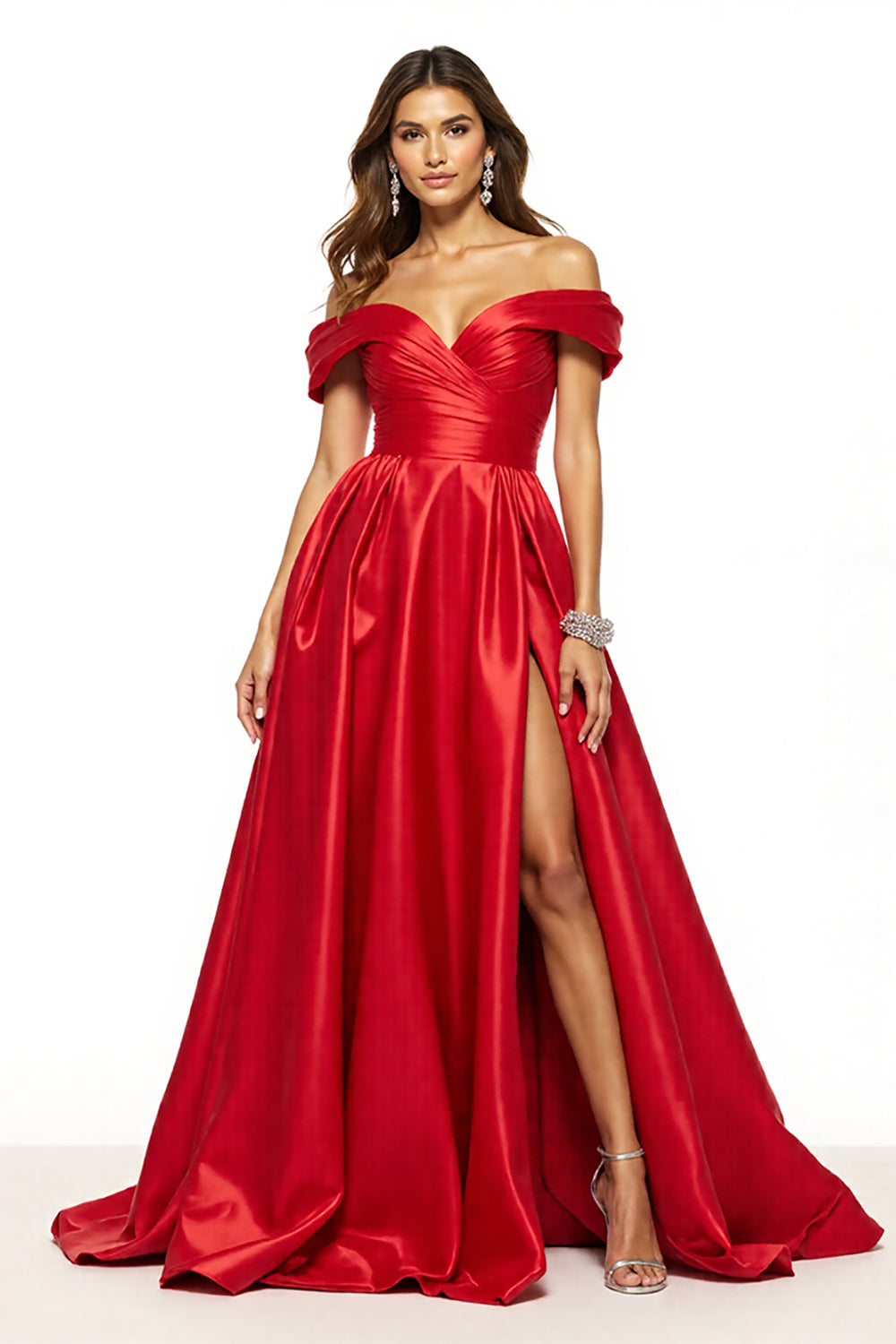 Red Satin A Line Off The Shoulder Long Formal Dress with Slit