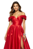 Red Satin A Line Off The Shoulder Long Formal Dress with Slit