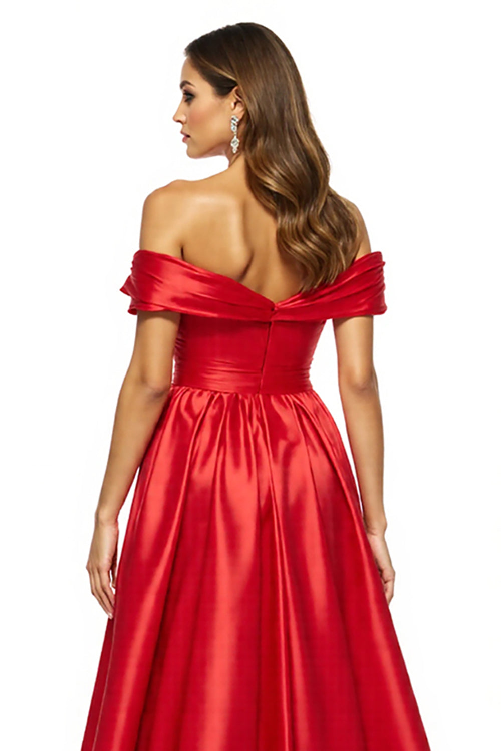 Red Satin A Line Off The Shoulder Long Formal Dress with Slit