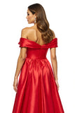 Red Satin A Line Off The Shoulder Long Formal Dress with Slit