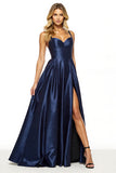 Navy A Line Spaghetti Straps Long Formal Dress with Slit
