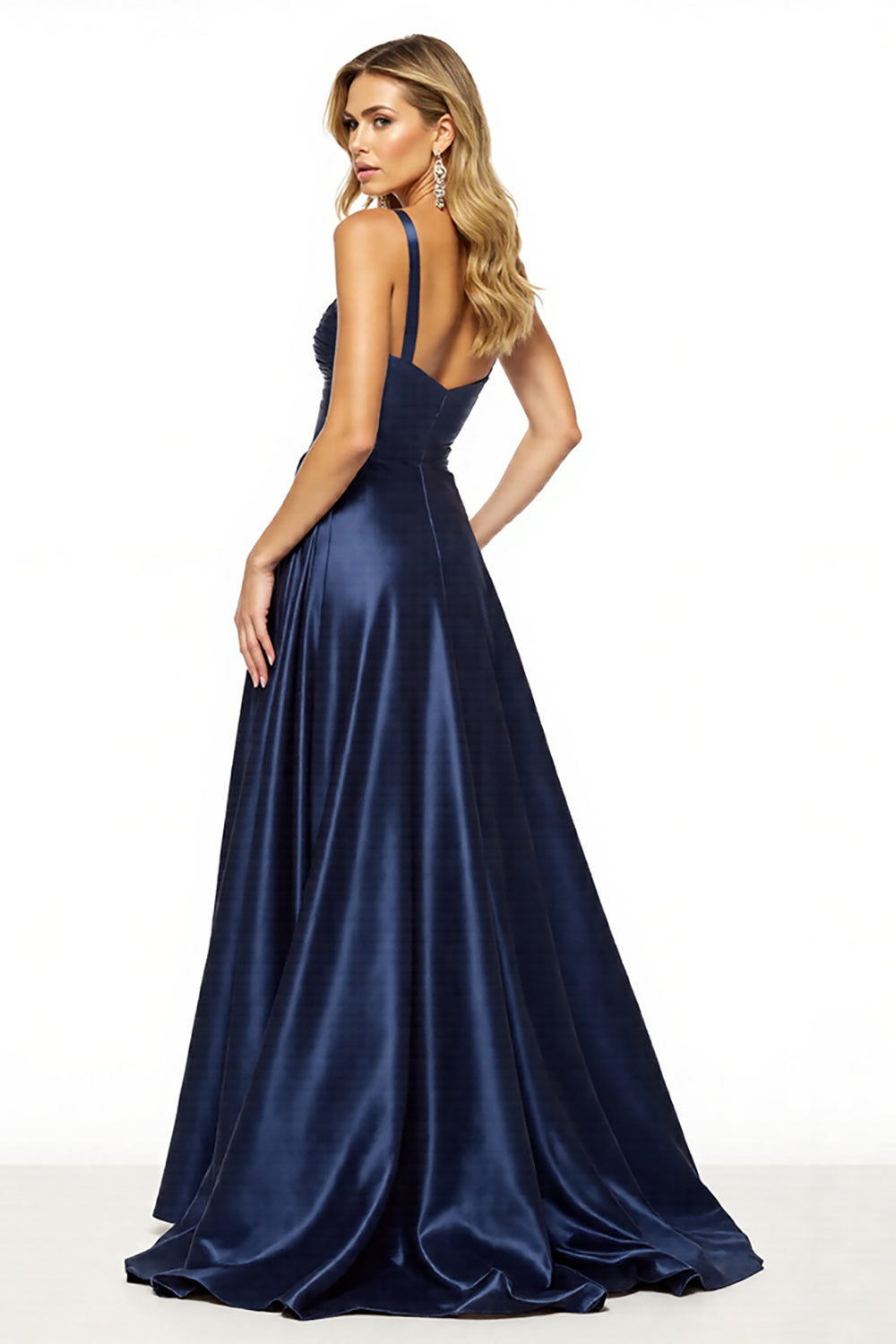 Navy A Line Spaghetti Straps Long Formal Dress with Slit