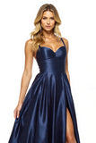 Navy A Line Spaghetti Straps Long Formal Dress with Slit