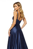Navy A Line Spaghetti Straps Long Formal Dress with Slit