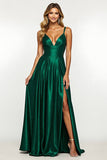 Dark Green Satin A Line Long Formal Dress with Slit