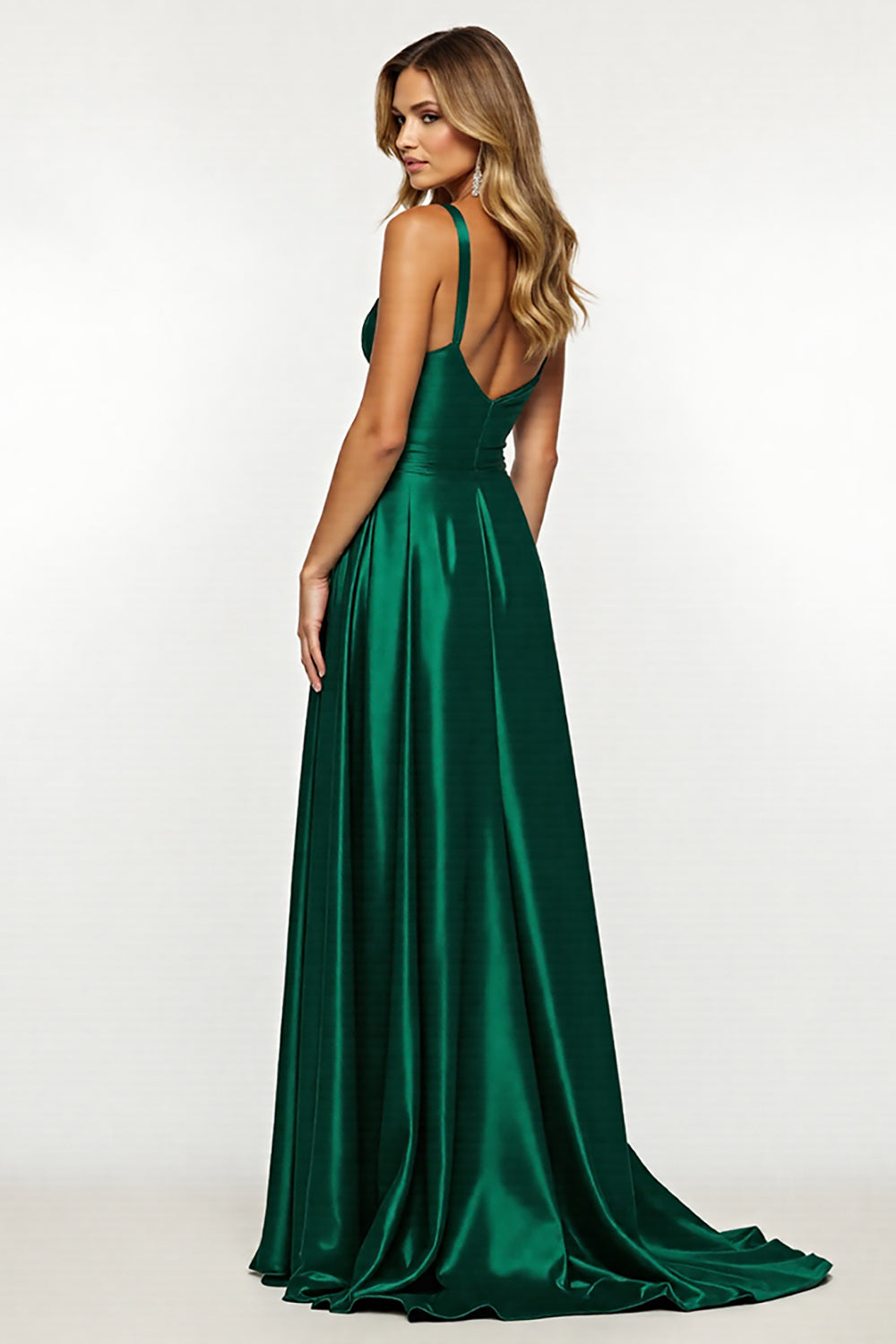 Dark Green Satin A Line Long Formal Dress with Slit