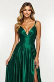 Dark Green Satin A Line Long Formal Dress with Slit