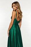Dark Green Satin A Line Long Formal Dress with Slit