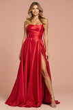 Red Satin A Line Strapless Long Formal Dress with Slit