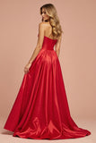 Red Satin A Line Strapless Long Formal Dress with Slit