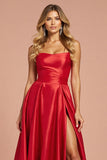 Red Satin A Line Strapless Long Formal Dress with Slit