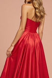 Red Satin A Line Strapless Long Formal Dress with Slit