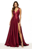 Burgundy A Line V Neck Long Formal Dress with Slit