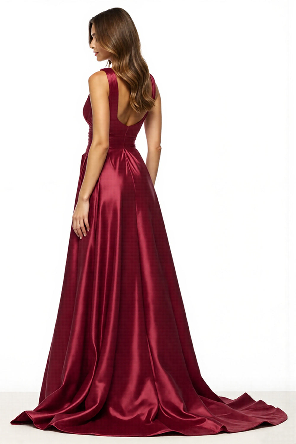 Burgundy A Line V Neck Long Formal Dress with Slit