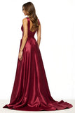 Burgundy A Line V Neck Long Formal Dress with Slit
