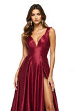 Burgundy A Line V Neck Long Formal Dress with Slit