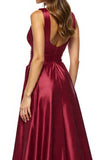 Burgundy A Line V Neck Long Formal Dress with Slit