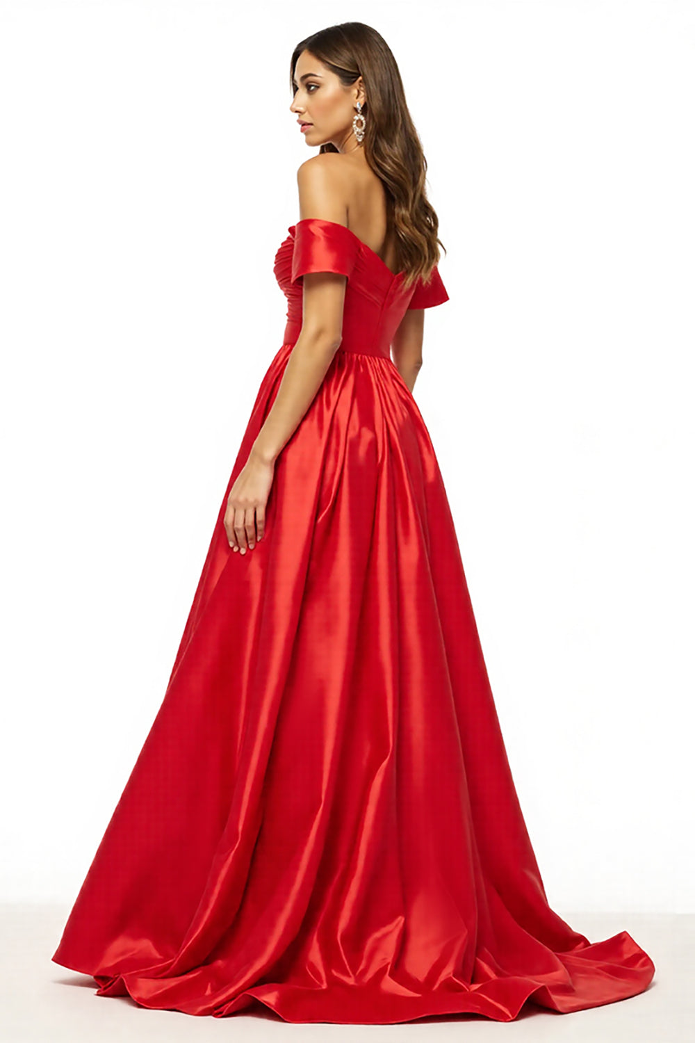 Off The Shoulder Ruched Red A Line Long Formal Dress With Slit