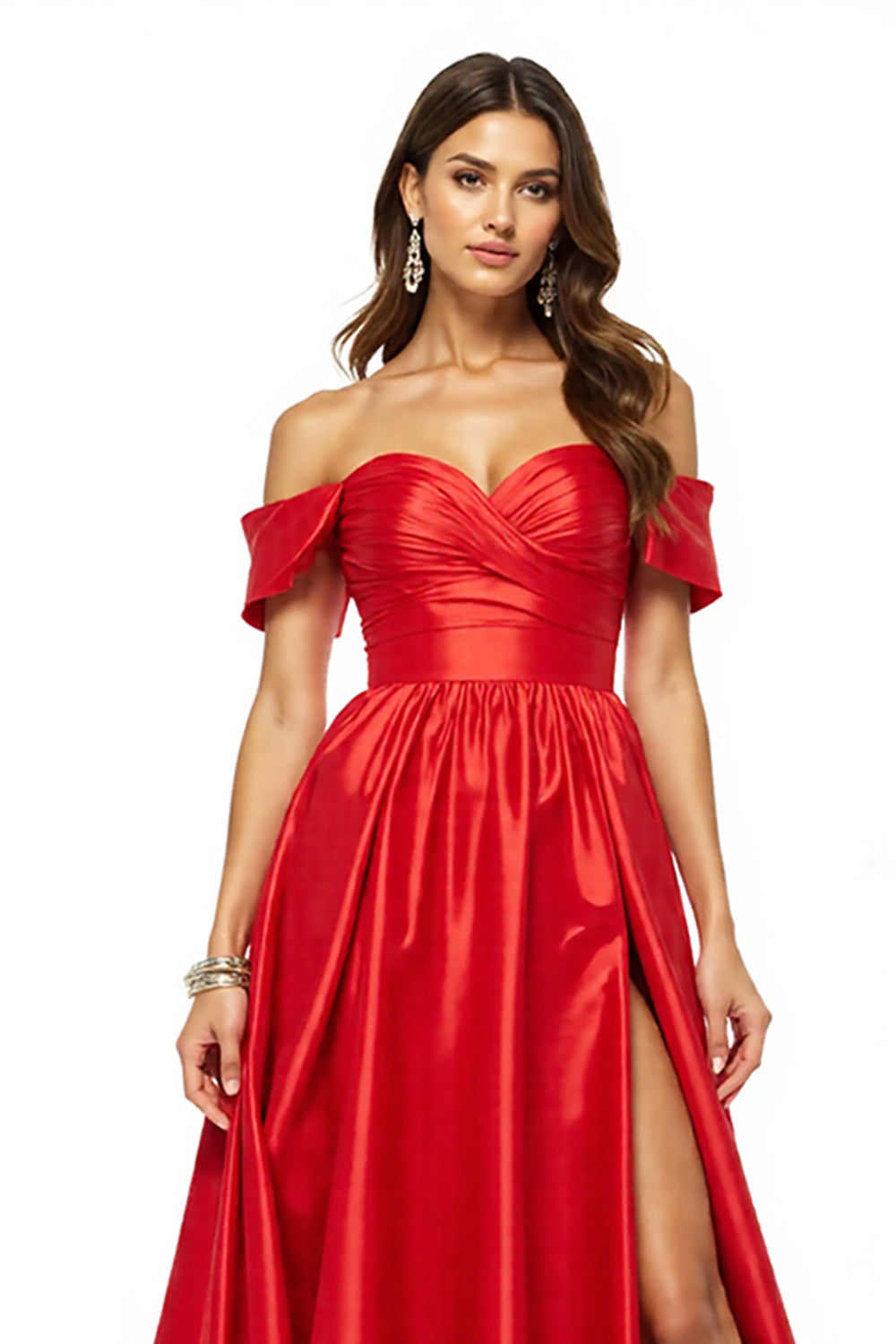 Off The Shoulder Ruched Red A Line Long Formal Dress With Slit