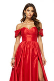 Off The Shoulder Ruched Red A Line Long Formal Dress With Slit
