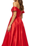 Off The Shoulder Ruched Red A Line Long Formal Dress With Slit