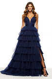 Ball Gown Navy Ruffled Long Tulle Formal Dress with Slit