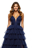 Ball Gown Navy Ruffled Long Tulle Formal Dress with Slit
