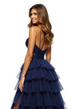 Ball Gown Navy Ruffled Long Tulle Formal Dress with Slit