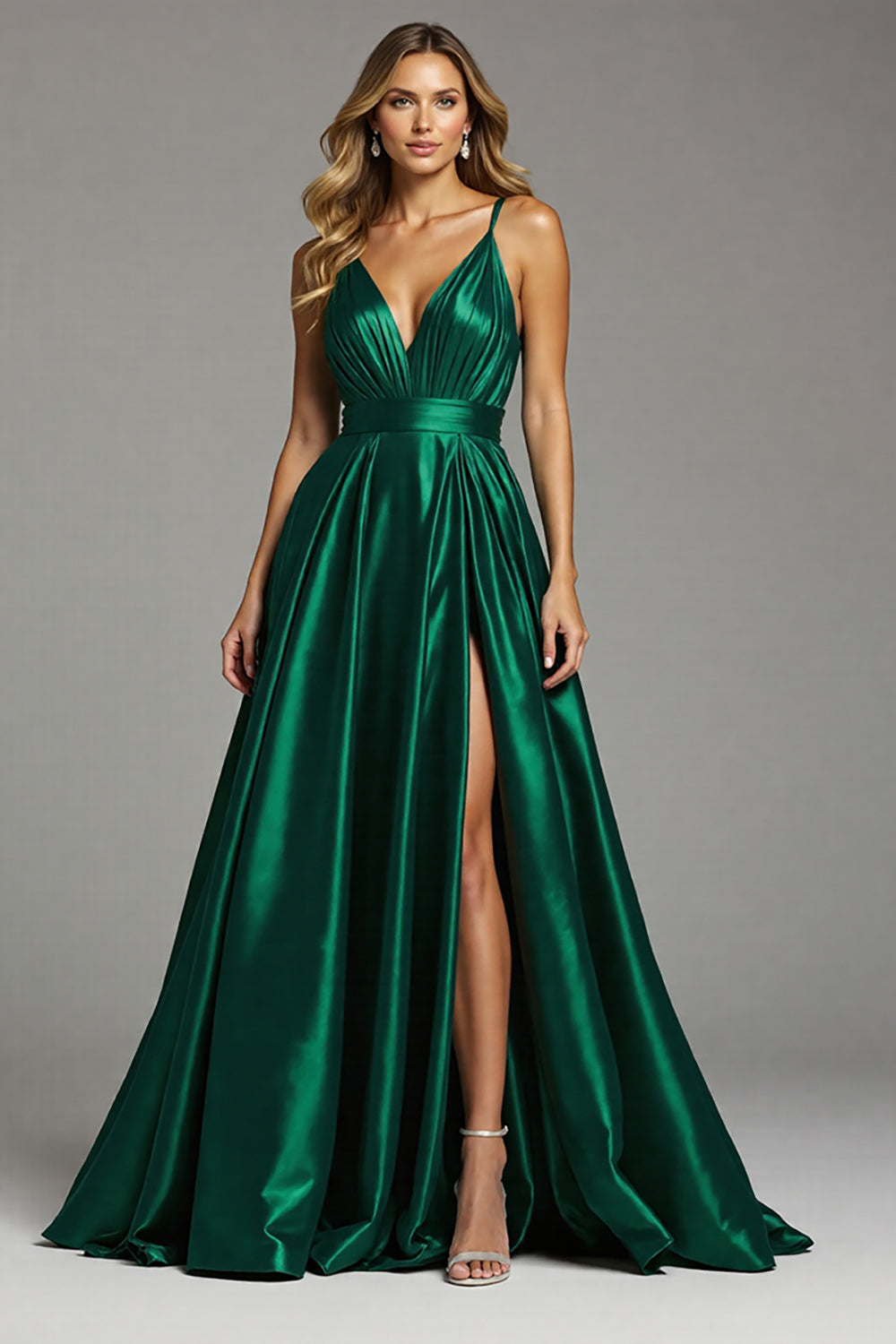 A Line Dark Green Satin Ruched Long Formal Dress with Slit