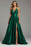 A Line Dark Green Satin Ruched Long Formal Dress with Slit