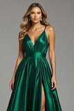 A Line Dark Green Satin Ruched Long Formal Dress with Slit