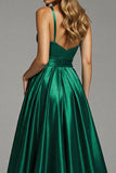 A Line Dark Green Satin Ruched Long Formal Dress with Slit