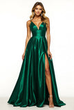 Simple A Line Dark Green V Neck Long Formal Dress with Slit