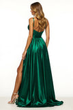 Simple A Line Dark Green V Neck Long Formal Dress with Slit