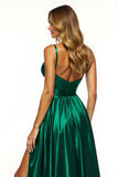 Simple A Line Dark Green V Neck Long Formal Dress with Slit