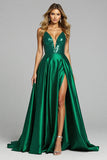 Sparkly Dark Green A Line Sequin V Neck Long Formal Dress with Slit