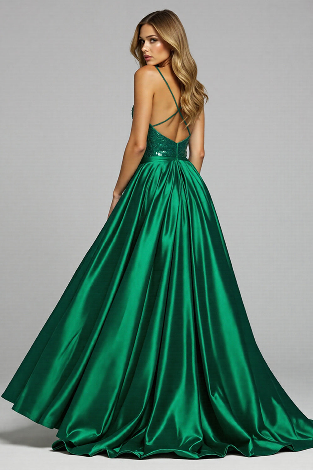 Sparkly Dark Green A Line Sequin V Neck Long Formal Dress with Slit