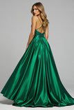 Sparkly Dark Green A Line Sequin V Neck Long Formal Dress with Slit